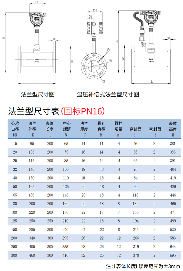 分體式渦街流量計(jì)法蘭式尺寸圖